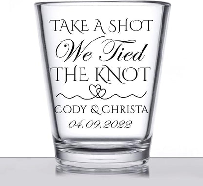 Personalized wedding shot glasses, take a shot we tied the knot, cute customizable wedding favors for guests, custom shot glasses, personalized wedding favors, wedding glasses