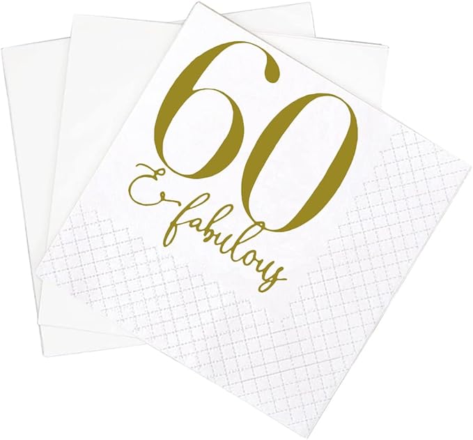 SharkBliss 60 and Fabulous Birthday Cocktail Napkins, 100 Pack Gold 60 and Fabulous Happy Birthday Cocktail Beverage Napkins for His Her Sixty 60th Birthday | 2-Ply, 5x5" (60 and Fabulous Napkins)