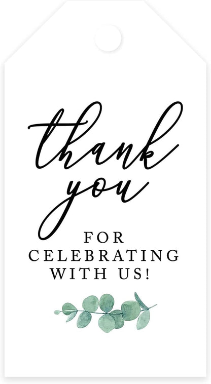 Andaz Press 100-Pack Thank You for Celebrating with Us Favor Tags Minimal Eucalyptus Cardstock Gift Tags with Bakers Twine for Wedding Baby Shower Bridal Shower Birthday Party Favors 2 x 3.75-Inches
