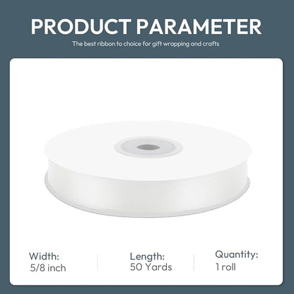 KMER LIFE 5/8" Wide x 50 Yards White Single Faced Polyester Satin Ribbon - Perfect for Wedding Decor, Wreaths, Crafts, Gift Wrapping & Other Projects