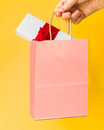 qiqee 24 Pcs Bright Pink Mini Paper Gift Bags with Handles 6"x4.5"x2.5" Small Brown Kraft Party Favor Bags Treat Bags Multiple Uses (Mini size)