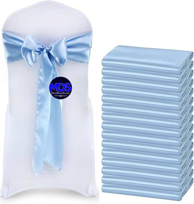 MDS Pack of 150 PCS Satin Chair Sashes Charmeuse Sateen Dining Chair Bows Ribbon Ties Back Sash for Wedding Party Birthday Home Hotel Restaurant Banquet Decoration (7 x 108 Inch, Baby Blue)