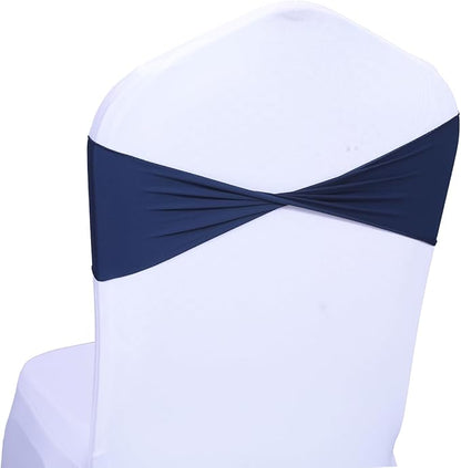 MDS Pack of 125 Spandex Chair Sashes Bows Elastic Stretch Dining Chair Bands Ties Without Slider Buckle Universal fits for Wedding Baby Shower Birthday Party Banquet Event Decoration - Navy Blue
