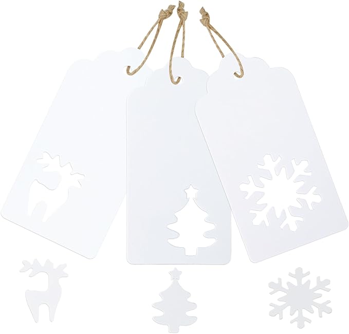 jijAcraft Christmas Gift Tags - 150Pcs Christmas Tags with String, Blank White Paper Hollow Trees, Rudolph, Snowflake Shapes Holiday Labels for Xmas Party Favors, DIY Crafts, Jar