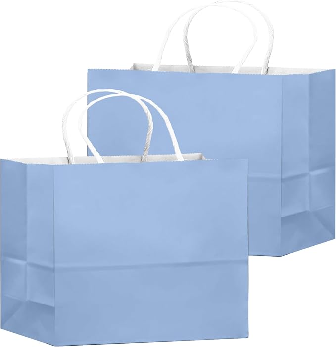 qiqee 100PCS Large Gift Bag with Handles Bulk 13"x4.5"x10" Gift Bags Light Blue Multiple Uses (32x11x25cm,Wide Large)