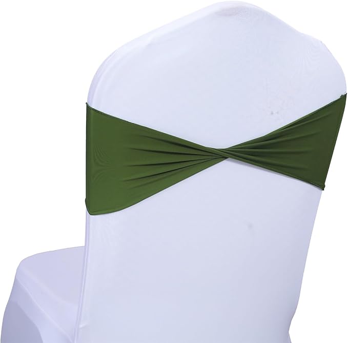 MDS Pack of 150 Spandex Chair Sashes Bows Elastic Stretch Dining Chair Bands Ties Without Slider Buckle Universal fits for Wedding Baby Shower Birthday Party Banquet Event Decoration - Olive Green