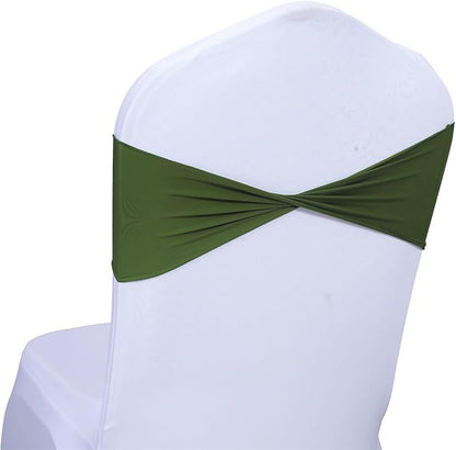 MDS Pack of 150 Spandex Chair Sashes Bows Elastic Stretch Dining Chair Bands Ties Without Slider Buckle Universal fits for Wedding Baby Shower Birthday Party Banquet Event Decoration - Olive Green