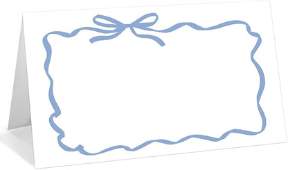 25 Pack Blue Bow Wave Place Cards, Editable Name Cards for Table Setting, Tent Cards Food Label for Dinner Party, Bridal Shower, Wedding, Baby Shower and Events -T15