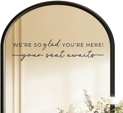 Wedding Sign Decal, Seating Chart, Welcome Vinyl Wedding Mirror Decal, We're So Glad You're Here Seating Chart, Your Seat Awaits (Black, Width 17 inch)