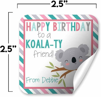 Custom & Personalized Cute Koala Happy Birthday Gift Tag Sticker Labels, 24 2.5" Square Stickers by Amanda Creation