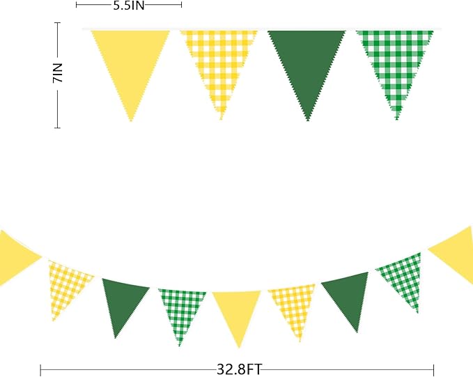 32Ft Yellow Green Party Decorations Green Yellow Gingham Banner Buffalo Plaid Checkered Triangle Flag Pennant Fabric Garland Streamers for Master Golf Birthday Baby Shower Picnic Golf Decor Supplies