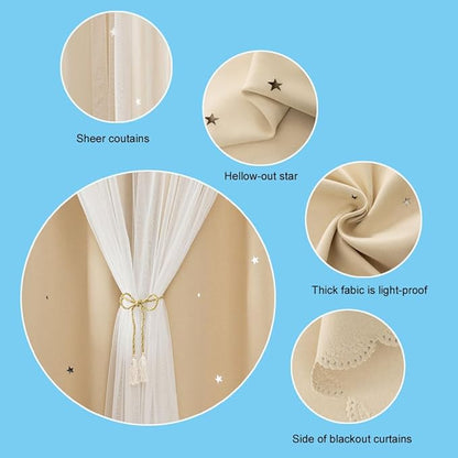 FANLI 2 Panels Star Blackout Curtains for Kid Girls Bedroom Living Room Darking Stripe Double Layer Star Cut Out Wall Home Decor Gradient Grommet Window Curtains (Beige 72L)
