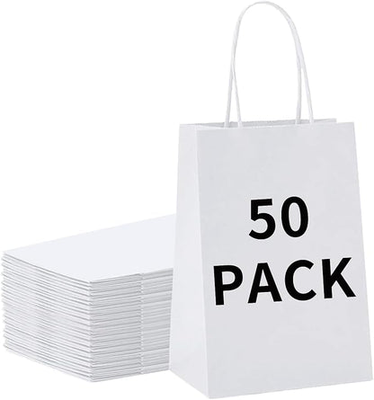 BAG BOX 50 Pack 5.9x3.1x8.25 Inch White Gift Bags with Handles,Bulk Kraft Paper Bags for Shopping, Retail, Merchandise, Wedding, Party Favors, Paper Grocery Sacks