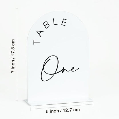 JINMURY White Arch Wedding Table Numbers 1-10 with Stands, 5x7 Inch Acrylic Arch Sign with Black Lettering, White Acrylic Table Numbers for Wedding Reception