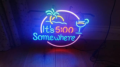 LiQi ™ It's 5:00 Somewhere Real Glass Neon Light Sign Home Bar Pub Recreation Room Game Room Windows Garage Wall Sign (17"×14" Large)
