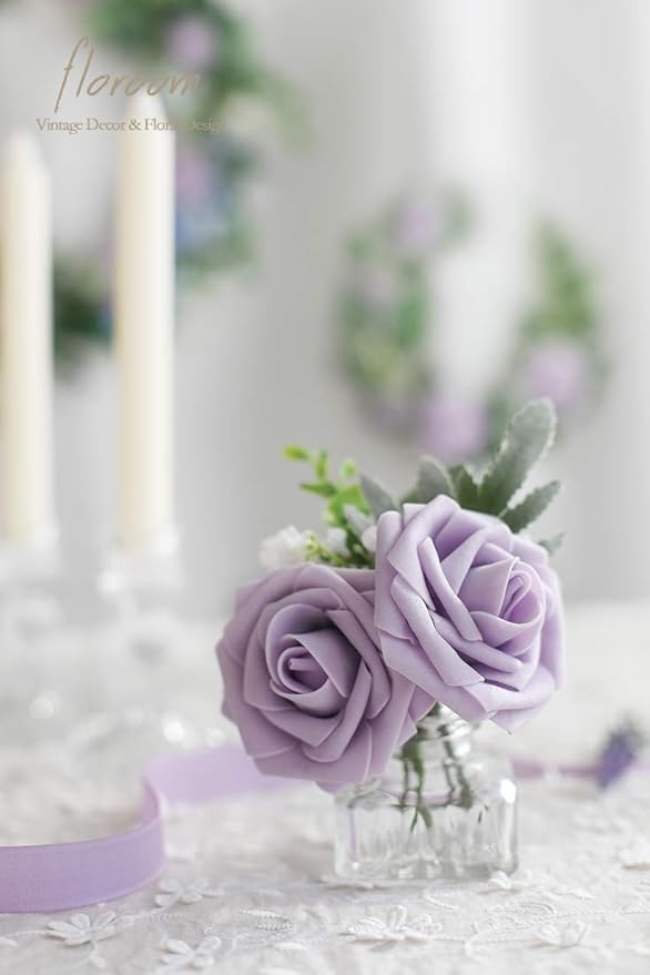 Floroom Artificial Flowers 50pcs Real Looking Lilac Foam Fake Roses with Stems for DIY Wedding Bouquets Baby Shower Centerpieces Floral Arrangements Party Tables Home Decorations