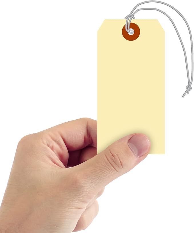 SmartSign Blank Manila Shipping Tags with Elastic Strings - Pack of 100, Size-5, 13pt Thick Pre-Strung Cardstock Tag, 4.75 x 2.375 inch, Paper Hang Tags with Reinforced Fiber Patch, Made in USA