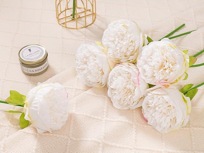 U'Artlines 20 Heads Artificial Peony Silk Flower Leaf Home Office Wedding Party Festival Bar Decor (Cream White)