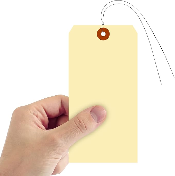 SmartSign Blank Manila Shipping Tags with Wire, Size-10, Pack of 100, 15pt Thick Prewired Cardstock Tag, 7.25 x 3.625 inch Paper Hang Tags with Reinforced Fiber Patch