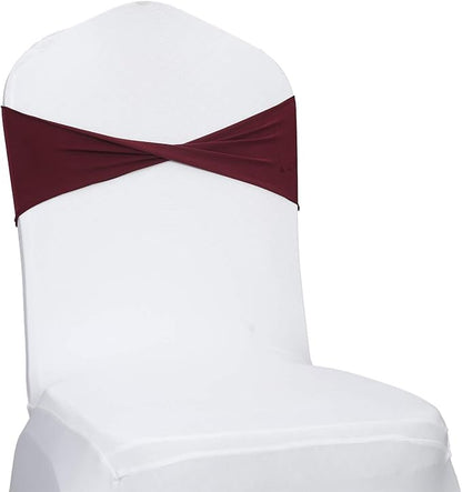 VDS Pack of 125 PCS | Burgundy | Spandex Chair Sashes Bows Without Buckle | Stretch Elastic Banquet Universal Folding Chair Band Tie with for Wedding Party Conference Celebration Event Decoration