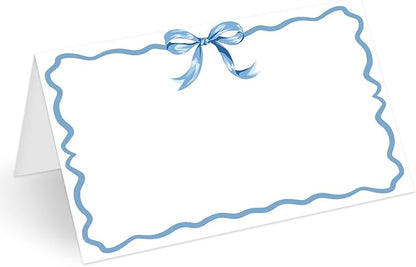25 Pcs Blue Bow Place Cards, Blank Tent Name Cards for Food Buffet, Dinner Party, Wedding Reception, Bridal Shower Table Setting -08