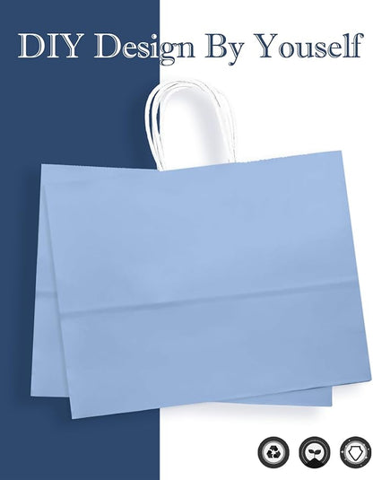 qiqee 100PCS Large Gift Bag with Handles Bulk 13"x4.5"x10" Gift Bags Light Blue Multiple Uses (32x11x25cm,Wide Large)