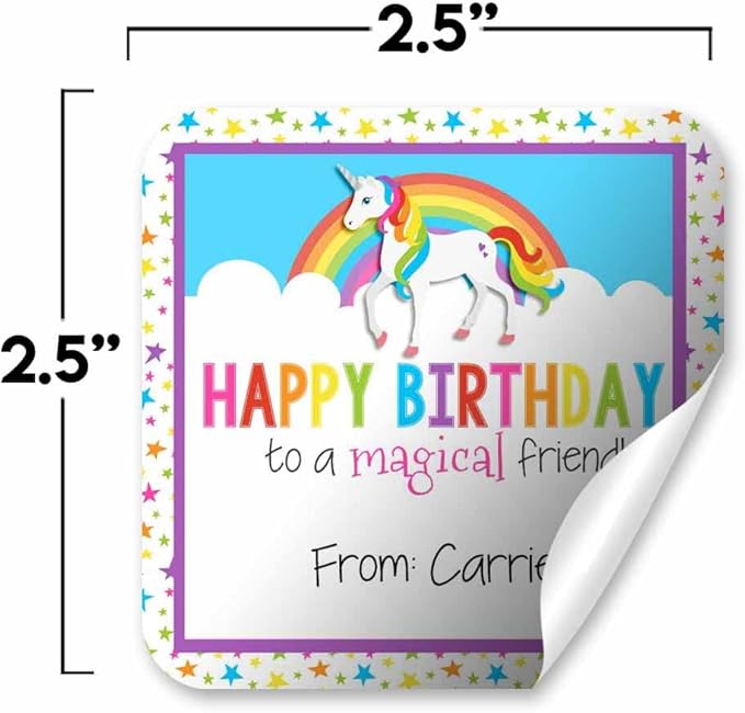 Custom & Personalized Rainbow Unicorn Happy Birthday Gift Tag Sticker Labels, 24 2.5" Square Stickers by Amanda Creation