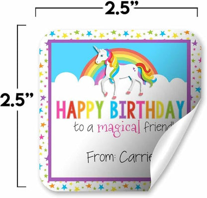Custom & Personalized Rainbow Unicorn Happy Birthday Gift Tag Sticker Labels, 24 2.5" Square Stickers by Amanda Creation