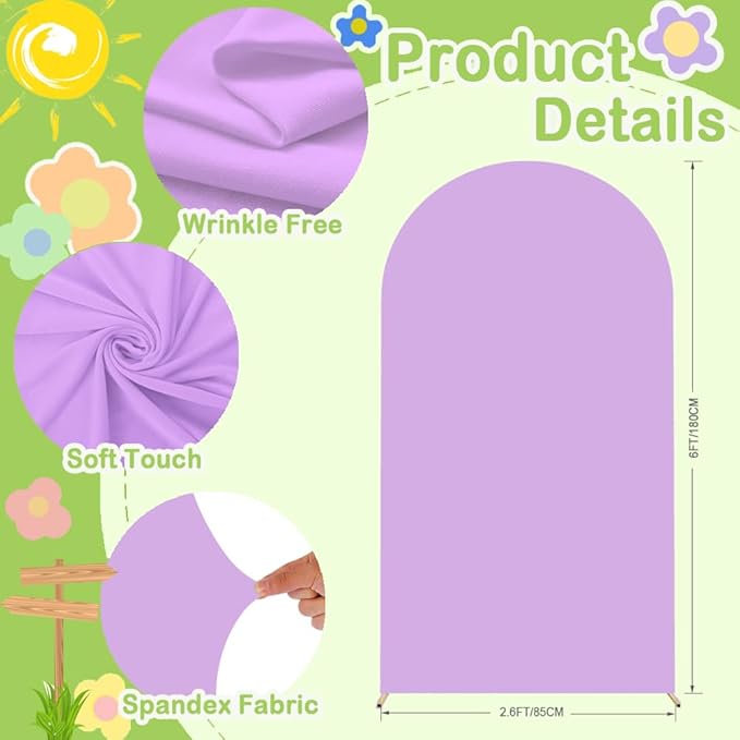 Purple Arch Cover 6ft Lavender Spandex Fitted Round Top Back Drop Covers Chiara Backdrop-Cover Wedding Arched Back Drop Panels for Bridal Shower Arch-Backdrop Banquet Garden Party Decor