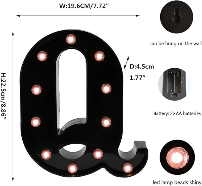 OYCBUZO Light Up Black Alphabet Marquee Letters Sign LED Marquee Number Lights Sign for Night Light Home Bar Christmas Lamp Birthday Party Wedding Decoration Q