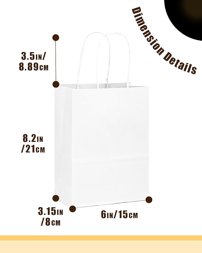 qiqee 50-Packs White Paper Gift Bags with Handles Bulk 8.3"x3"x 6" Small Size Paper Bags Multiple Uses(Small Size)