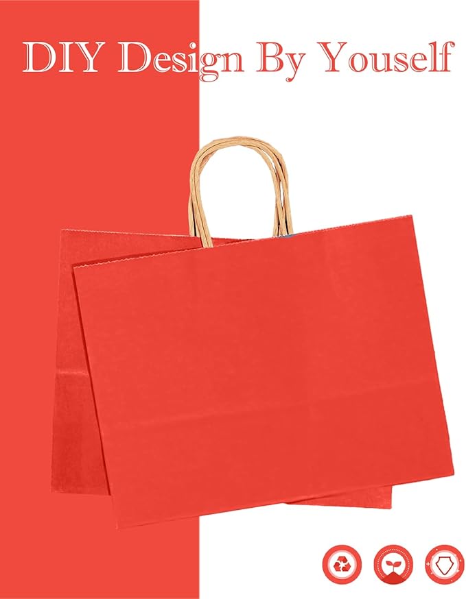 qiqee 100PCS Large Gift Bag with Handles Bulk 13"x4.5"x10" Gift Bags Kraft Red Multiple Uses (32x11x25cm,Wide Large)