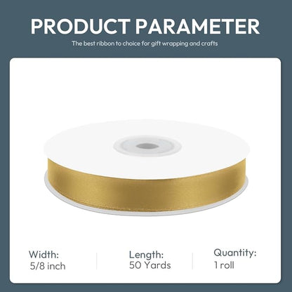 KMER LIFE 5/8" Wide x 50 Yards Golden Single Faced Polyester Satin Ribbon, Golden Satin Ribbon Perfect for Wedding Decor, Wreath, Crafts, Gift Wrapping & Other Projects (Golden)