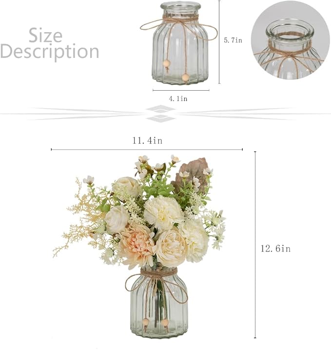 LESING Fake Artificial Flowers with Vase Faux Silk Flower Bouquet in Glass Vase Rose Floral Arrangements Flower for Home Office Decoration, Dining Table Centerpiece (White)