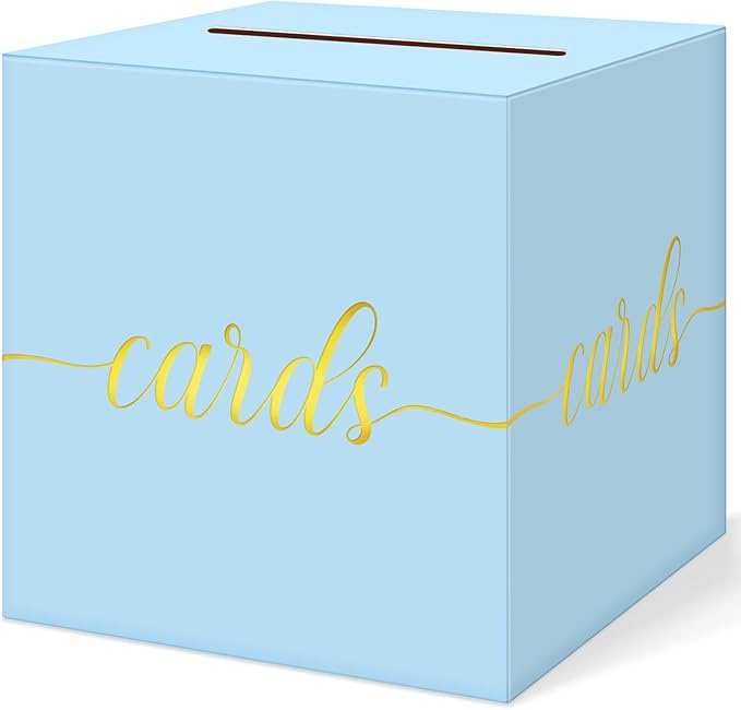 QIKSION Light Blue Wedding Card Box, Gold Foil Gift Card Box for Party, Wedding Reception, Birthday, Baby Shower, Raffle, Graduation