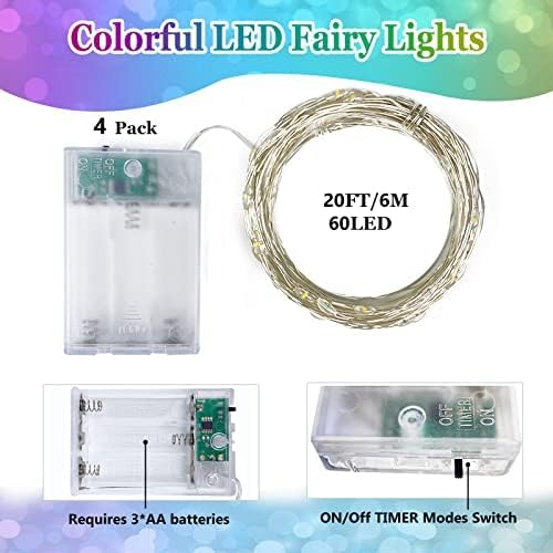 4 Pack 20FT 60LED Battery Operated Fairy Lights with Timer, Waterproof Battery String Lights Outdoor Indoor, Twinkle Light for Bedroom Wedding Birthday Party Chirstmas (Multicolor)