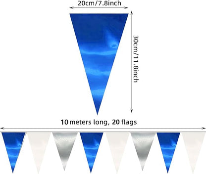 130FT Navy Blue White Silver Triangle Pennant Banner Flag Metallic Fabric Bunting Garland for Christmas Graduation Birthday Wedding Bridal Shower Nautical Ahoy Achor Theme Party Decorations Supplies