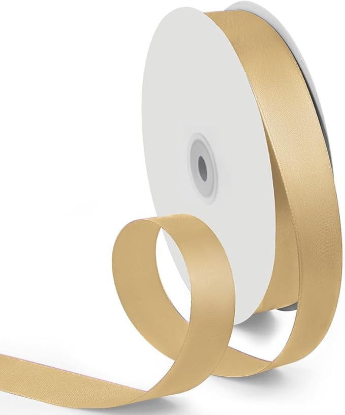 1 Inch 100 Yards Satin Ribbon Light Gold, Solid Color Fabric Ribbon for Gift Wrapping, Wedding, Polyester Gift Ribbon for Birthday Party Decoration, Craft, Hair, Floral, Sewing