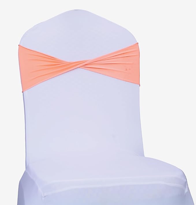 MDS Pack of 150 Spandex Chair Sashes Bows Elastic Stretch Dining Chair Bands Ties Without Slider Buckle Universal fits for Wedding Baby Shower Birthday Party Banquet Event Decoration - Peach