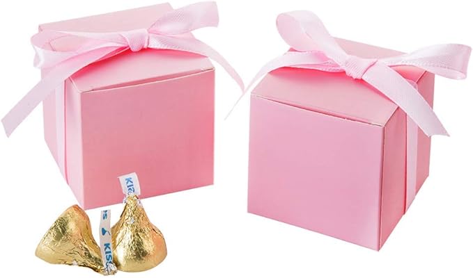 AWELL Pink Gift Candy Box Bulk 2x2x2 inches with Pink Ribbon Party Favor Box,Pack of 50