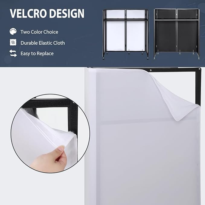 LUCKUP DJ Facade Booth 41"L x 20"W Portable DJ Facade with White & Black Scrim, Foldable DJ Table Station with LED Strips for Party, Black Metal Frame