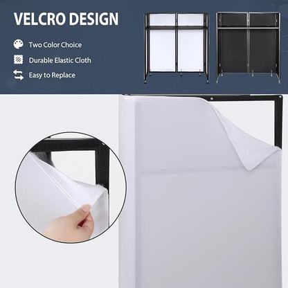 LUCKUP DJ Facade Booth 41"L x 20"W Portable DJ Facade with White & Black Scrim, Foldable DJ Table Station with LED Strips for Party, Black Metal Frame