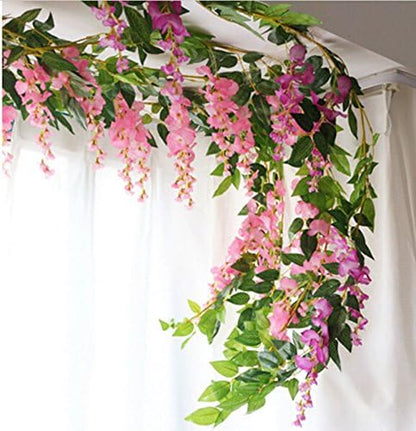 DearHouse 4Pcs 6.6Ft/Piece Artificial Flowers Silk Wisteria Garland Artificial Wisteria Vine Rattan Silk Hanging Flower for Home Garden Outdoor Ceremony Wedding Arch Floral Decor(Pink)