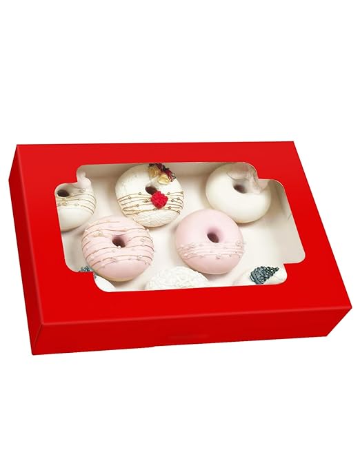 qiqee Auto-pop up Red Cookie Box with Window 12x8x2.5 inch 32 Packs Two Uses One Second Folding Pastry Biscuit Bakery Box for Packaging