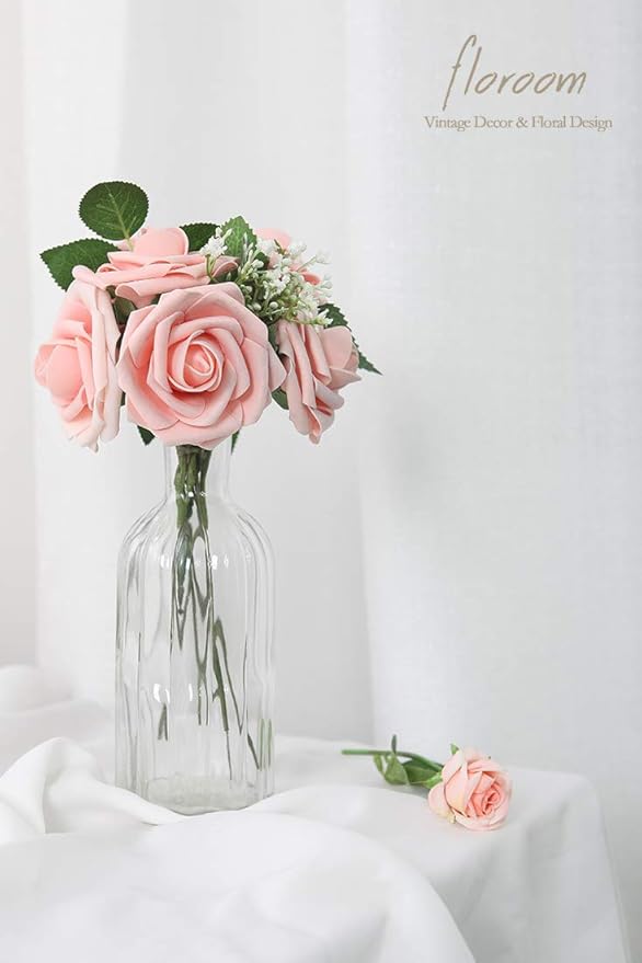Floroom Artificial Flowers 25pcs Realistic Peach Pink Foam Fake Roses with Stems for DIY Wedding Bouquets Bridal Shower Centerpieces Floral Arrangements Party Tables Home Decorations