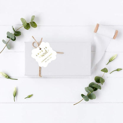 Andaz Press Personalized Fancy Frame Square Wedding Gift Tags, Metallic Gold Ink, Love is Sweet, 24-Pack, Custom Made Any Name