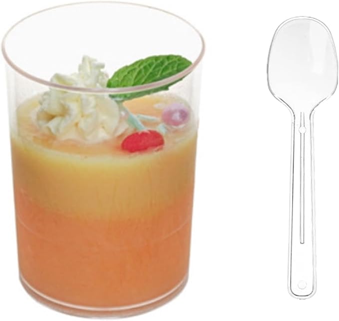 100 Pack Mini Dessert Cups, 3oz Clear Shooter Cups with Spoons, Plastic Mousse Cups for Party, Ice Cream, Puddings, Chocolate, Round Appetizer Parfait Tasting Cups