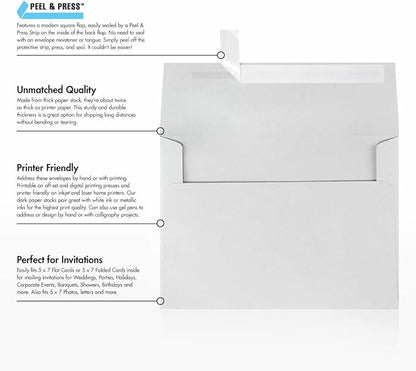 LUXPaper A7 Invitation Envelopes | Peel & Press | 5 1/4" x 7 1/4" | Gray | 80lb. Text | 100% Cotton | 500 Qty