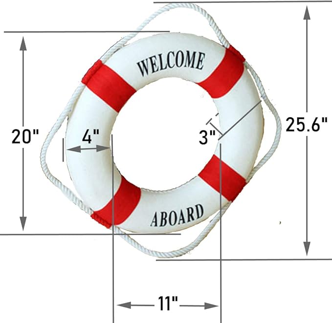 MorroMorn Lifebuoy Wall Hanging Decor - Welcome Aboard Mediterranean Style Home Decoration (Red, 20")