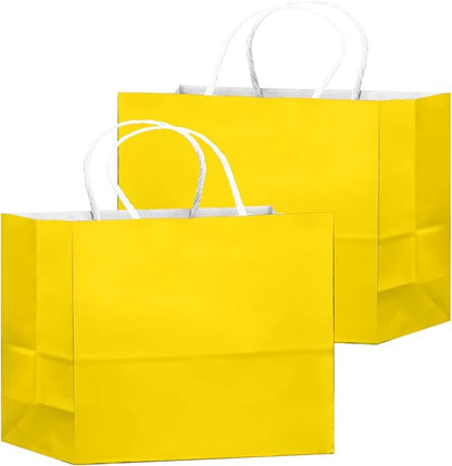 qiqee 50-Packs Bright Yellow Paper Gift Bags with Handles Bulk 12.6"x4.3"x10" Wide Large Size Party Favor Bags Multiple Uses